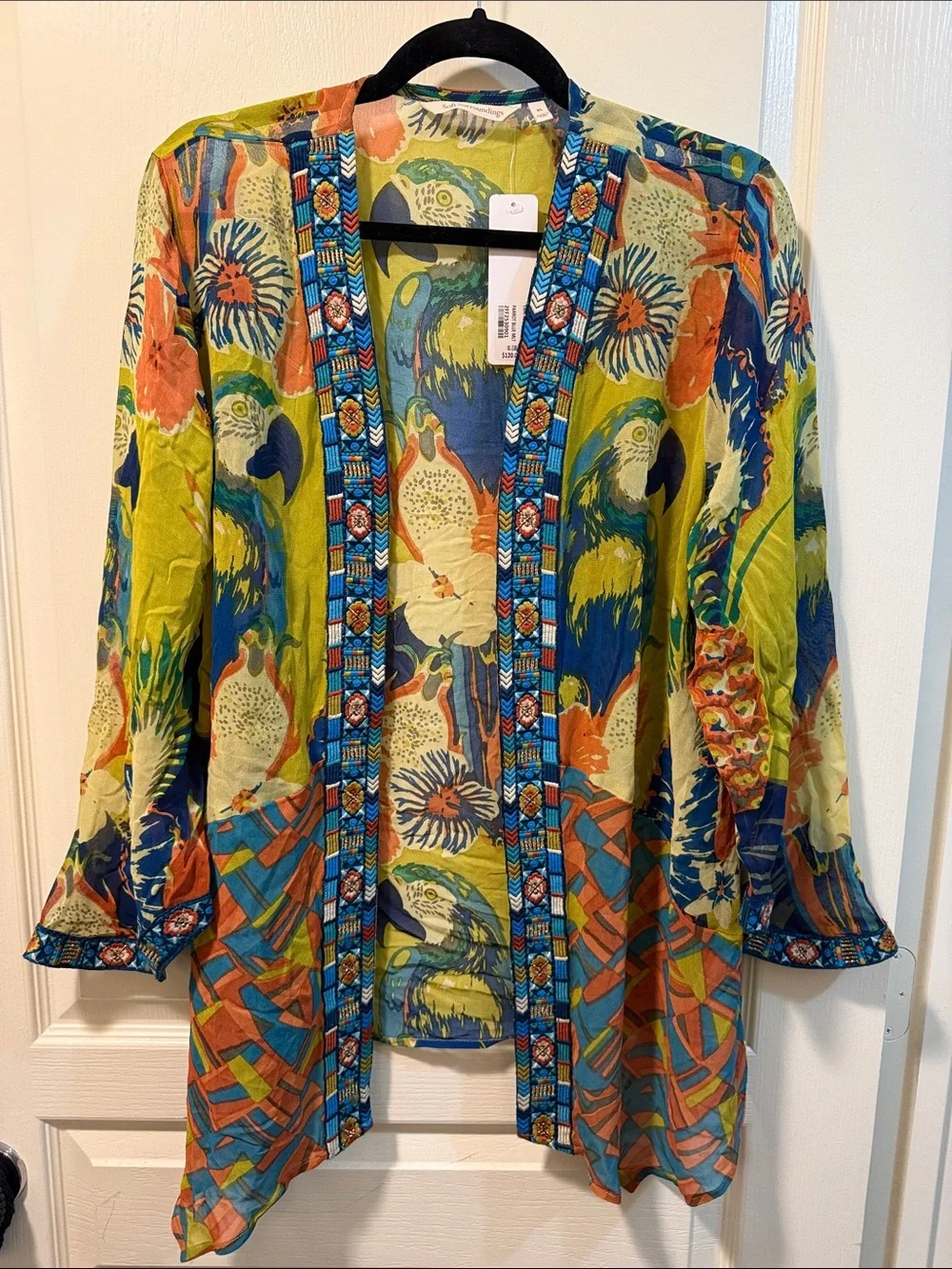 Soft Surroundings Vibrant Multi-Color Parrot Print Lightweight Kimono Jacket